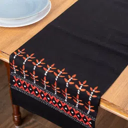 ArtEastri Black & Orange Coloured Embroidered Pure Cotton Table Runner-16