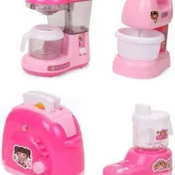 Battery Operated Pink Household Kitchen Set Home Appliances Play Sets pack of 4 Coffee Machine Blender Mixer and Toaster with Light and Sound Best Household Set Toy For Kids And Girls-11