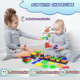 therichjd Stacking Toy Shape & Color Recognition Geometric Board Educational Column Puzzle image 4