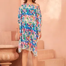 Bannos Swagger Blue & Orange Tropical Printed Georgette Kaftan Swimwear Cover-Up Dress-image-60