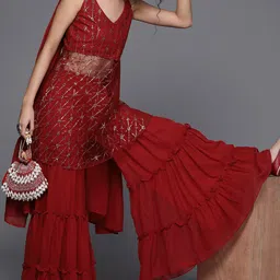 Inddus Women Marron Net Sheer Sequinned Kurta with Sharara & Dupatta image 1