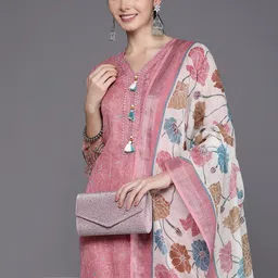 Indo Era Women Floral Embroidered Regular Thread Work Linen Kurta with Trousers & Dupatta image 1