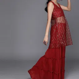 Inddus Women Marron Net Sheer Sequinned Kurta with Sharara & Dupatta image 4