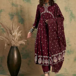 Sangria Ethnic Motifs Printed Empire A-Line Kurta Set With Dupatta Set image 1