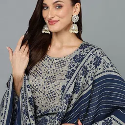 KALINI Floral Embroidered Regular Kurta with Trousers & With Dupatta image 2