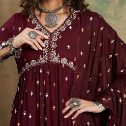 Sangria Ethnic Motifs Printed Empire A-Line Kurta Set With Dupatta Set image 2