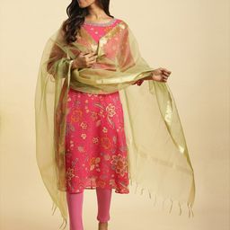 W Green & Gold-Toned Zari Dupatta With Tasselled Border-28