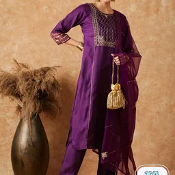 Sangria Yoke Design Straight Kurta & Trouser With Dupatta-23