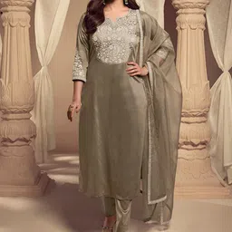 Inddus Floral Yoke Design Thread Work Pure Silk Straight Kurta with Trousers & Dupatta-picture-12