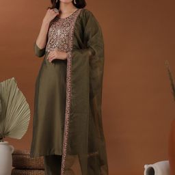 Inddus Ethnic Motifs Yoke Design Thread Work Pure Silk Straight Kurta Trousers & Dupatta-9