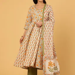 Jaipur Kurti Mughal Motif Cotton Anarkali Kurta With Palazzo And Printed Dupatta-image-4