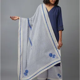 W Women White & Blue Geometric Printed Pure Cotton Dupatta-10