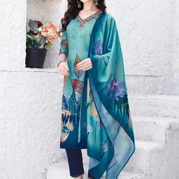 KALINI Floral Printed Regular Thread Work Straight Kurta With Trousers & Dupatta-6