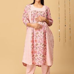 The Mom Store Floral Printed Regular Pure Cotton Maternity Kurta with Pyjamas & Dupatta-image-58