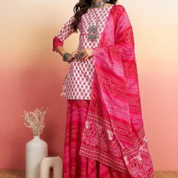 Sangria Floral Printed Pure Cotton Kurti With Sharara & Dupatta-31