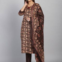 KALINI Floral Printed Regular Straight Kurta With Trousers & Dupatta-picture-5