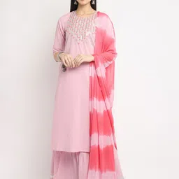 KALINI Floral Embroidered Regular Thread Work Pure Cotton Straight Kurta Set-image-96