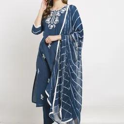 KALINI Floral Embroidered Pure Cotton Straight Kurta with Trousers & Dupatta-23