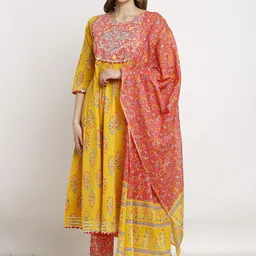 KALINI Floral Printed Thread Work Pure Cotton A-Line Kurta with Trousers & Dupatta-10