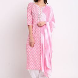 KALINI Ethnic Motifs Printed Mirror Work Pure Cotton Straight Kurta with Salwar & Dupatta-picture-16