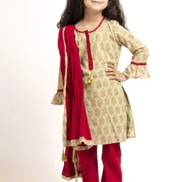 Sangria Girls Block Printed Kurta Set With Dupatta-image-46