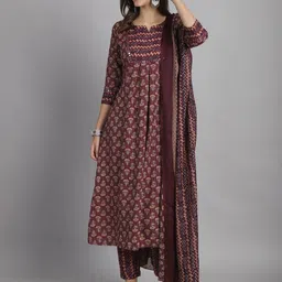 KALINI Notched Neck Mirror Work Floral Printed A Line Kurti with Trouser & Dupatta-picture-14