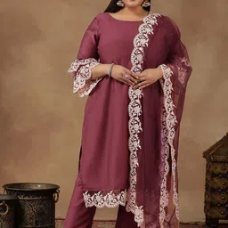 INDDUS PLUS Size Embroidered Thread Work Straight Kurta With Trousers & Dupatta-1