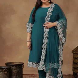 INDDUS PLUS Plus Size Floral Embroidered Thread Work Kurta With Trousers & Dupatta-6