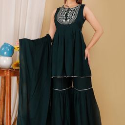 SHOOLIN Women Embroidered Regular Mirror Work Kurta with Sharara & With Dupatta-image-86