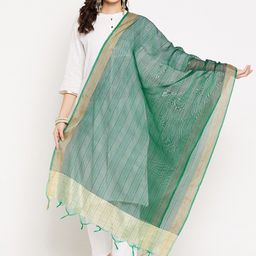Clora Creation Women Green & Gold-Toned Striped Dupatta-18