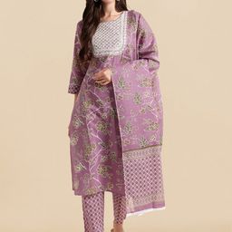 KALINI Purple Floral Printed Thread Work Pure Cotton Kurta with Trousers & Dupatta-image-13