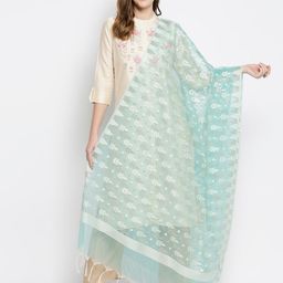 Dupatta Bazaar Sea Green & Silver Ethnic Motifs Woven Design Banarasi Dupatta with Zari-54