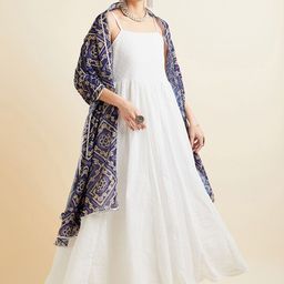 PANIT White & Navy Blue Chikankari Ethnic Dress With Bandhani Dupatta-image-52