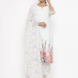 WISHFUL Women White Floral Embroidered Thread Work Kurta with Palazzos & With Dupatta-image-18