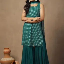 FASHION DREAM Ethnic Motifs Printed Georgette Straight Kurta with Sharara & Dupatta-picture-3