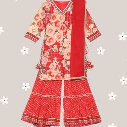 Biba Girls Red Ethnic Motifs Printed Kurta with Sharara & With Dupatta-picture-42