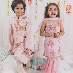 pspeaches Girls Pink Floral Printed Kurti with Sharara & With Dupatta-picture-48