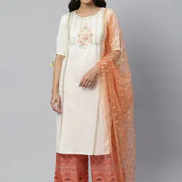 AURELIA Women White Yoke Design Panelled Sequined LIVA Kurti with Palazzos & With Dupatta-52
