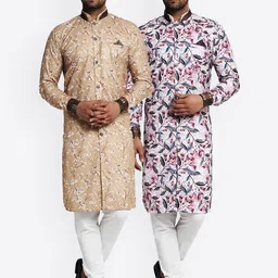 Benstoke Men Set Of 2 Beige Floral Printed Panelled Kurta with Churidar-12