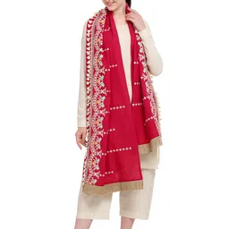 MESMORA FASHION Red & White Embroidered Cotton Stole-picture-43