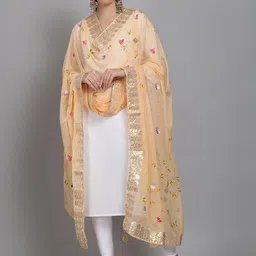 SOUNDARYA Beige & Gold-Toned Block Printed Dupatta With Gotta Patti-5