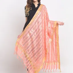 SOUNDARYA Peach-Coloured & Gold-Toned Woven Design Dupatta-11