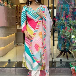 KALINI Chevron Printed Beads & Stones Regular Kurta With Trousers & Dupatta-17
