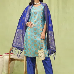 VredeVogel Ethnic Motifs Woven Design Zari Straight Kurta With Trousers & Dupatta-picture-14