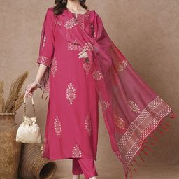 KALINI Floral Printed Notch Neck Straight Kurta With Trousers And Dupatta-34