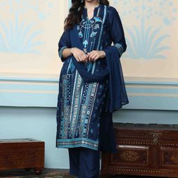 Ishin Blue Floral Printed Mandarin Collar Straight Kurta With Trousers & Dupatta-picture-30