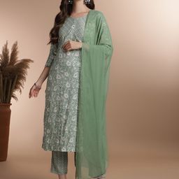 Anouk Floral Printed Regular Thread Work Kurta With Trousers & Dupatta-image-97