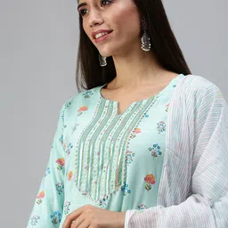 SHOWOFF Women Blue Printed Kurta with Trousers & With Dupatta-image-6