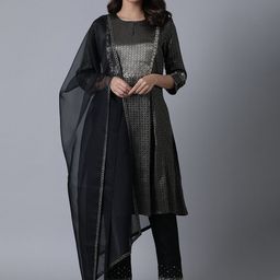 W Women Black Ethnic Motifs Kurta with Trousers & With Dupatta-image-61