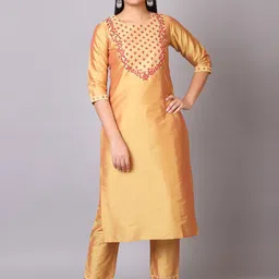 V TRADITION Women Yellow Ethnic Motifs Yoke Design Kurta with Trousers & With Dupatta-image-57